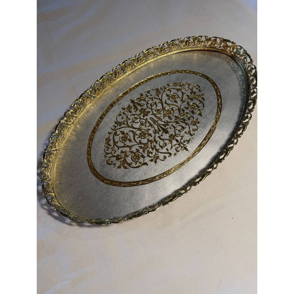 Vintage Oval Vanity Tray Gold Tone Filigree Cosmetic Makeup